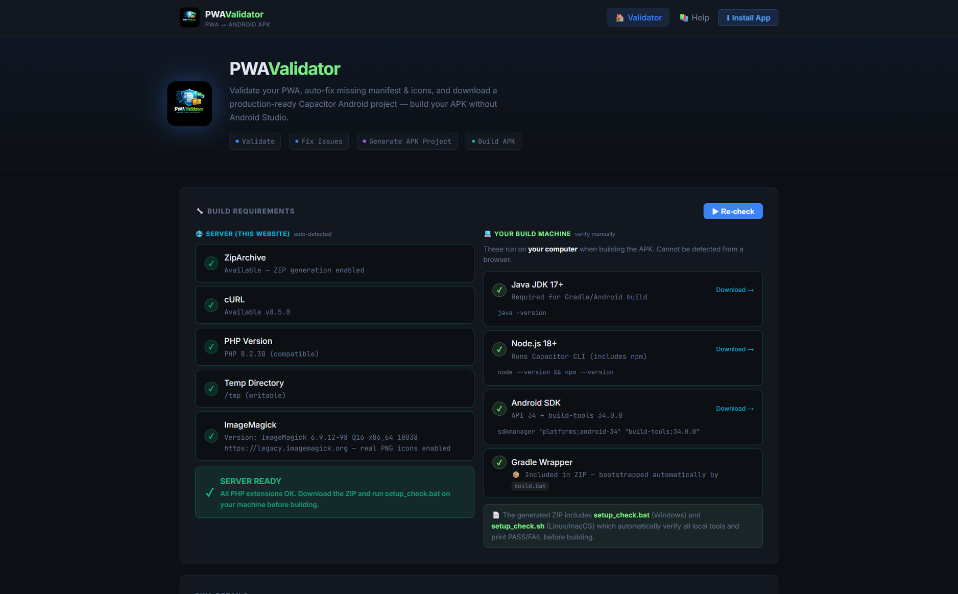 PWA Validator web application interface showing validation results and project download