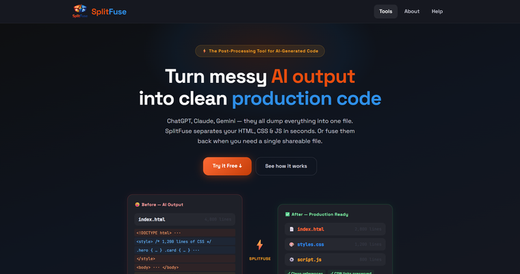 SplitFuse — HTML splitter and combiner tool screenshot