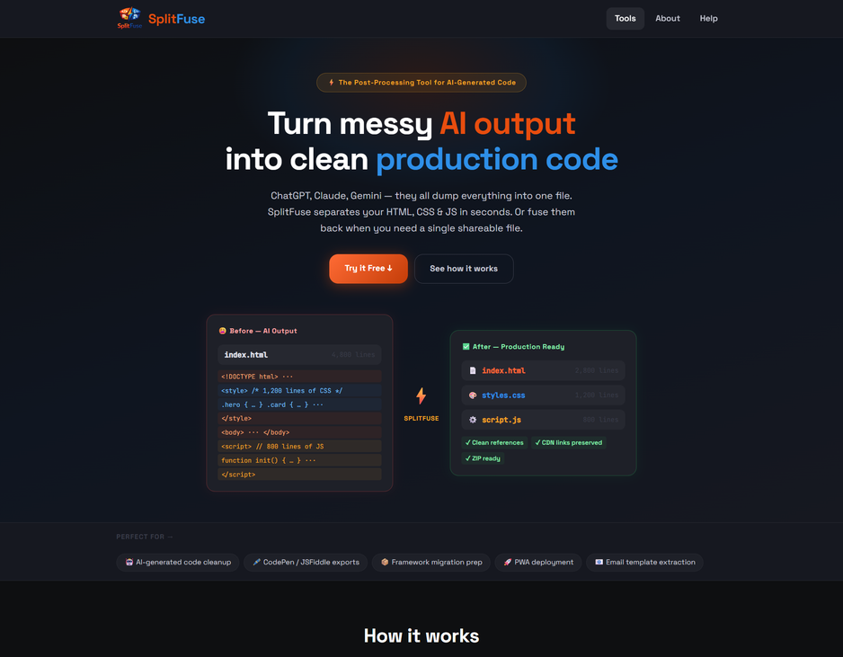 SplitFuse web application interface showing code extraction and preview
